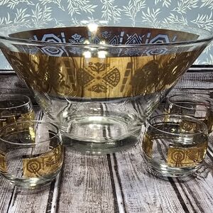 MCM Vito Bari 22 kt Gold Fleur de Lis and Crown Punch Bowl, Glasses